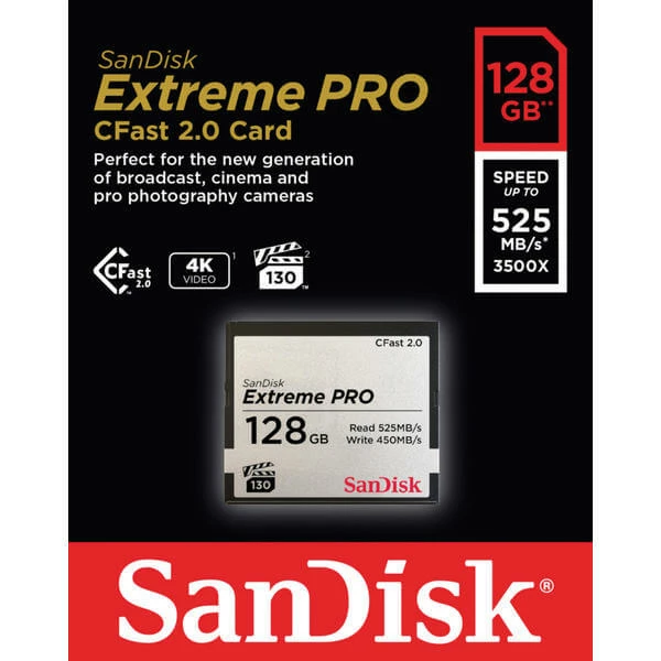 SanDisk CFast Carte 2.0 ExtremePro 128Go 525MB/s - Cartes Mémoire